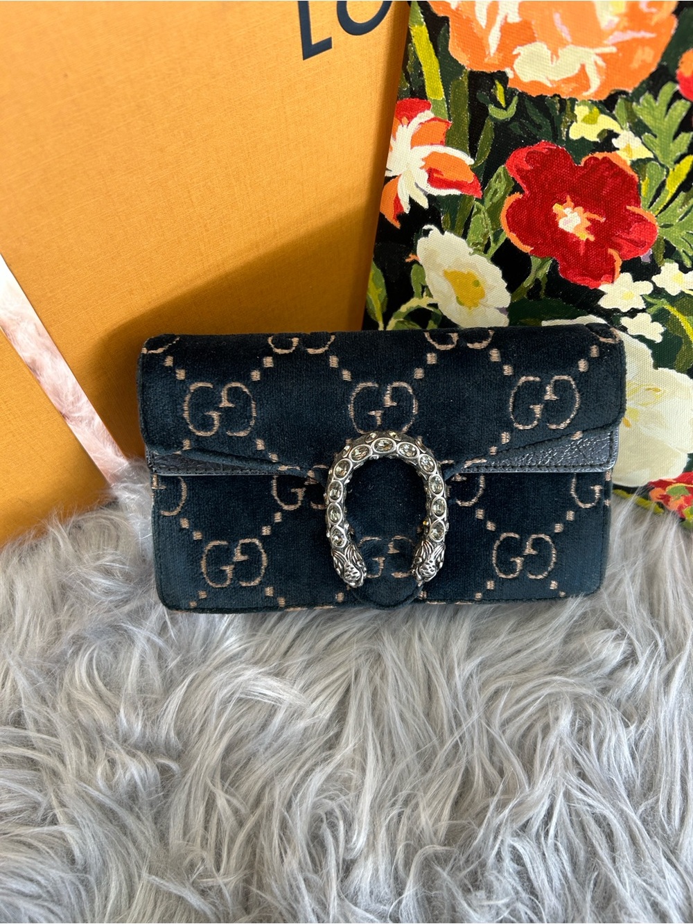 Gucci Black GG Velvet Dionysus Wallet on Chain